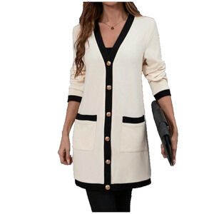 Cream Black Trim Cardigan Longline Gold Button Pockets Preppy Parisian Chic Lg